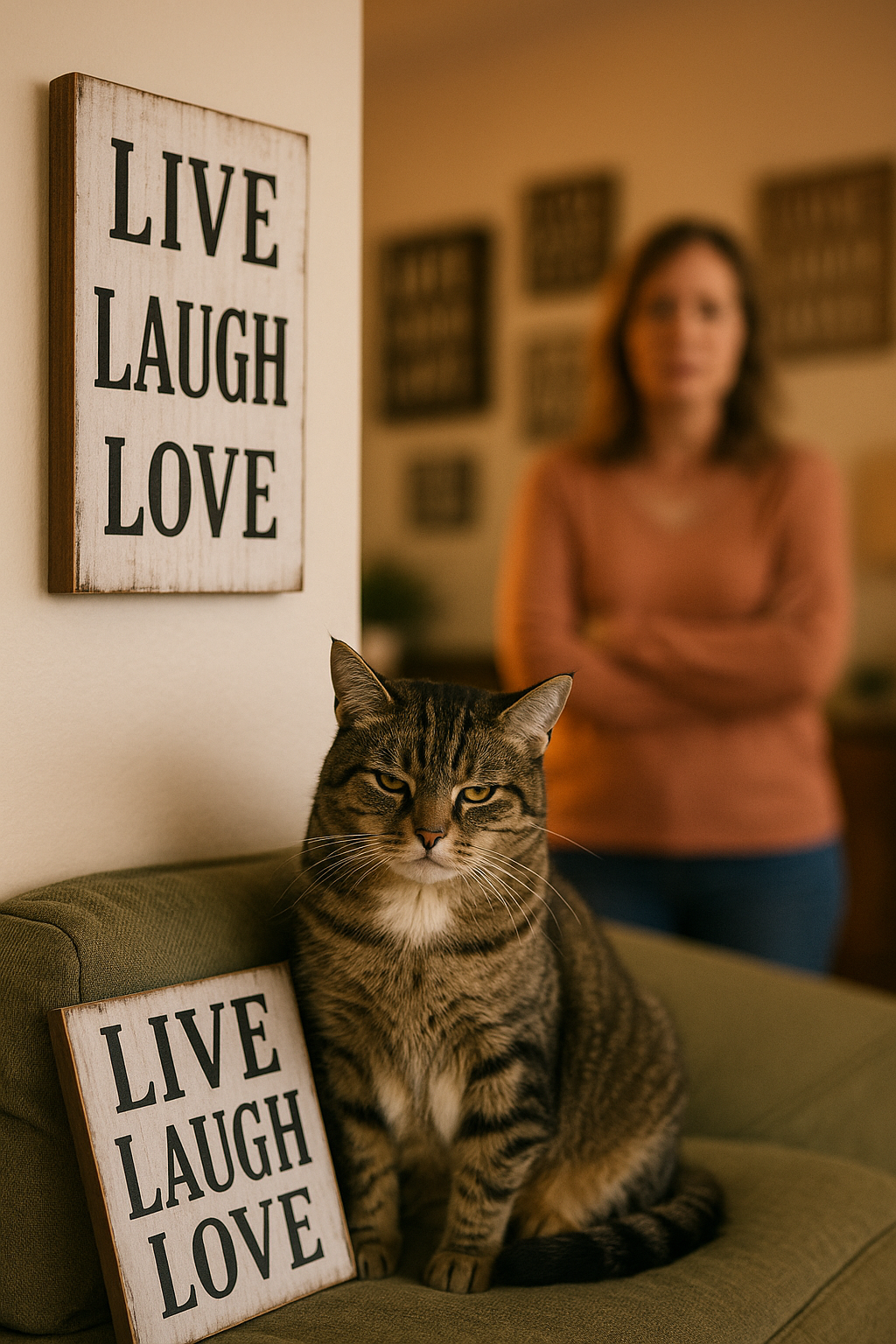 AI Generated image of a woman in a house full of Live Laugh Love signs