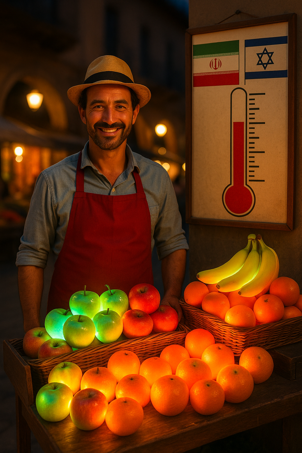 AI Generated image of a vendor selling glowing fruit at a Spanish street market