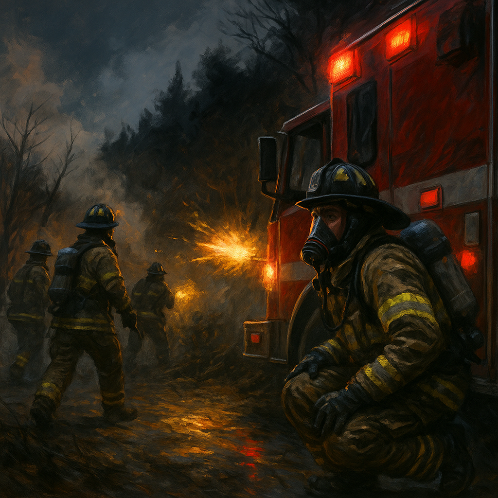 Firefighters and law enforcement responding to an incident near Coeur d’Alene at dusk