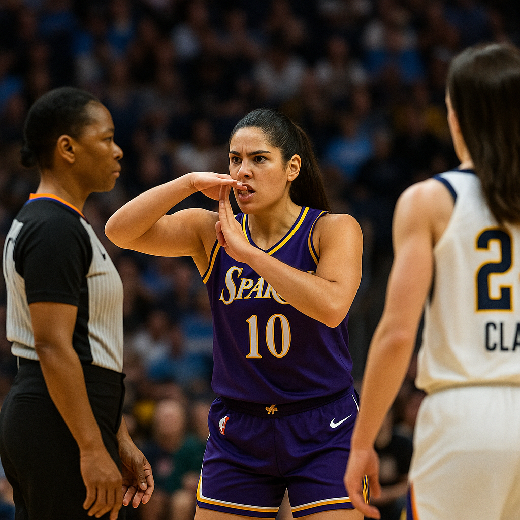 Kelsey Plum making a 'T' motion toward Caitlin Clark on the sideline